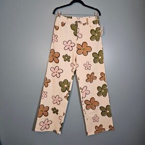 NWT Bailey Rose Floral Print Cream Denim Jeans Women's Size M Wide Leg Pants